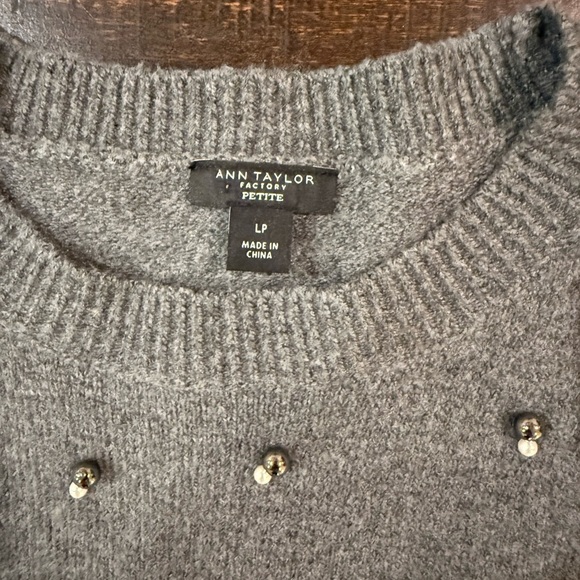 Ann Taylor Factory Pearl Rhinestone Embellished Gray Sweater Petite LP Soft Knit - Picture 3 of 10